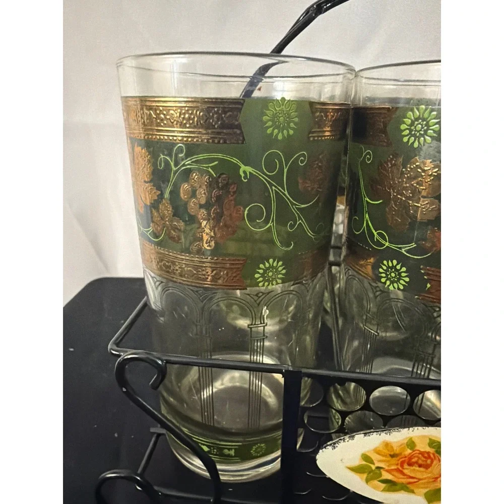 Vintage Cera Highball Glasses Set of 6 Green Gold Grape MCM Black‎ Metal Caddy